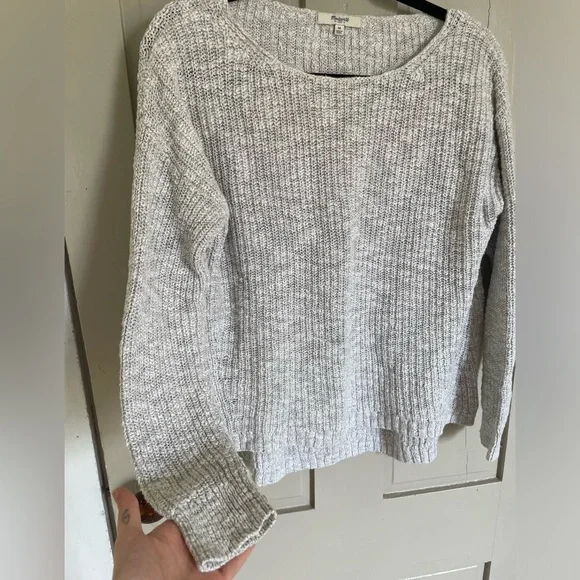 Madewell Light Gray Cotton Crew Neck Sweater with Textured Knit Flowy Coverup - Picture 7 of 9